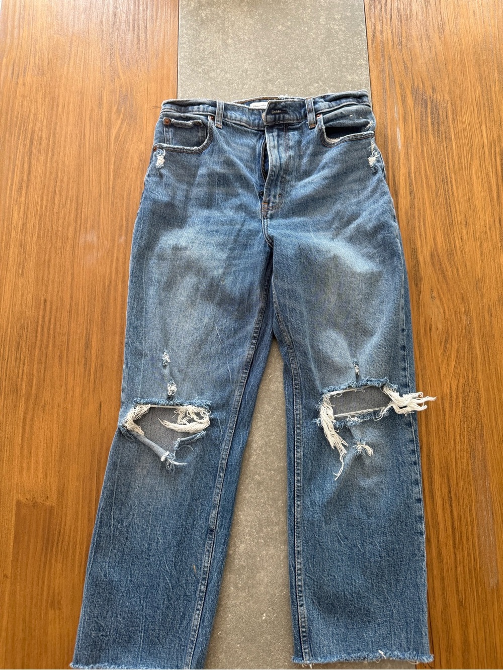 Abercrombie & Fitch Distressed Medium Blue Straight-Leg Jeans